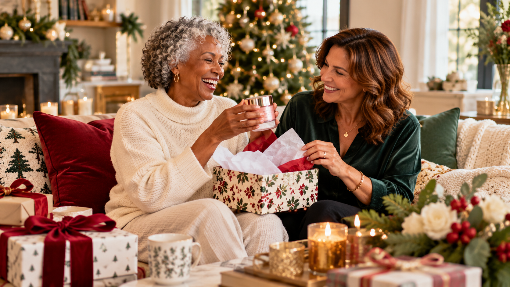 Two women laughing as one opens a skincare gift in a cozy, modern living room decorated for Christmas, with a glowing tree, festive pillows, and beautifully wrapped presents.