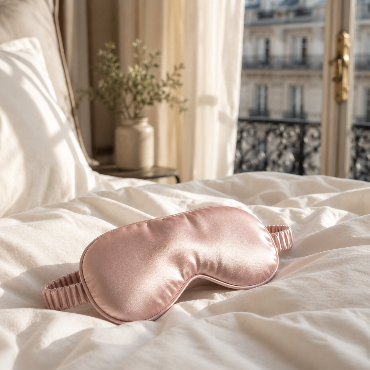 Light pink silk eye mask resting on softly rumpled hotel bedding in morning light, illustrating restful sleep, travel recovery, and elegant wellness while traveling through Europe.