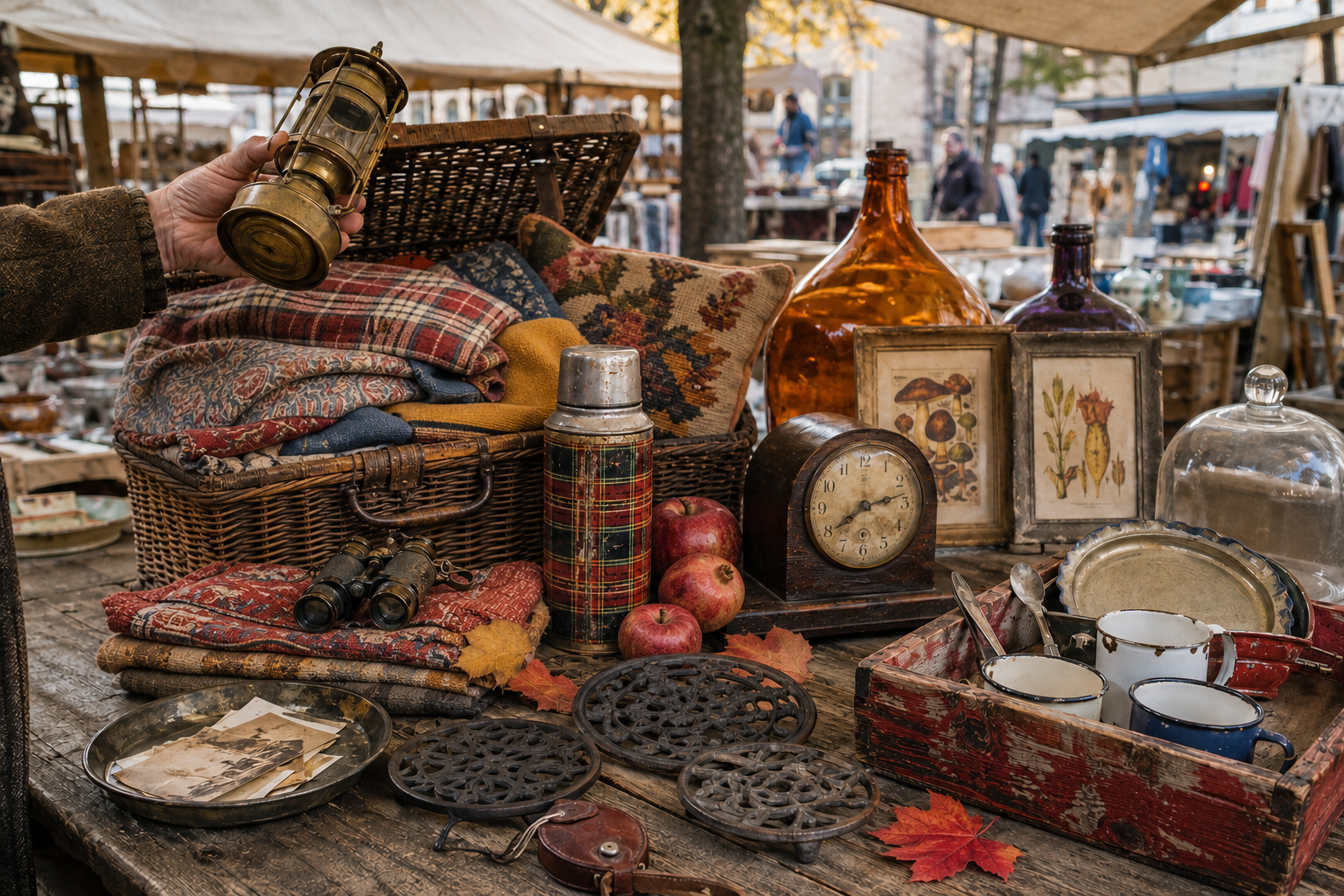A shopper examines a brass lantern at an autumn flea market filled with vintage textiles, amber glass, enamelware, botanical prints, baskets, apples, and collected finds.