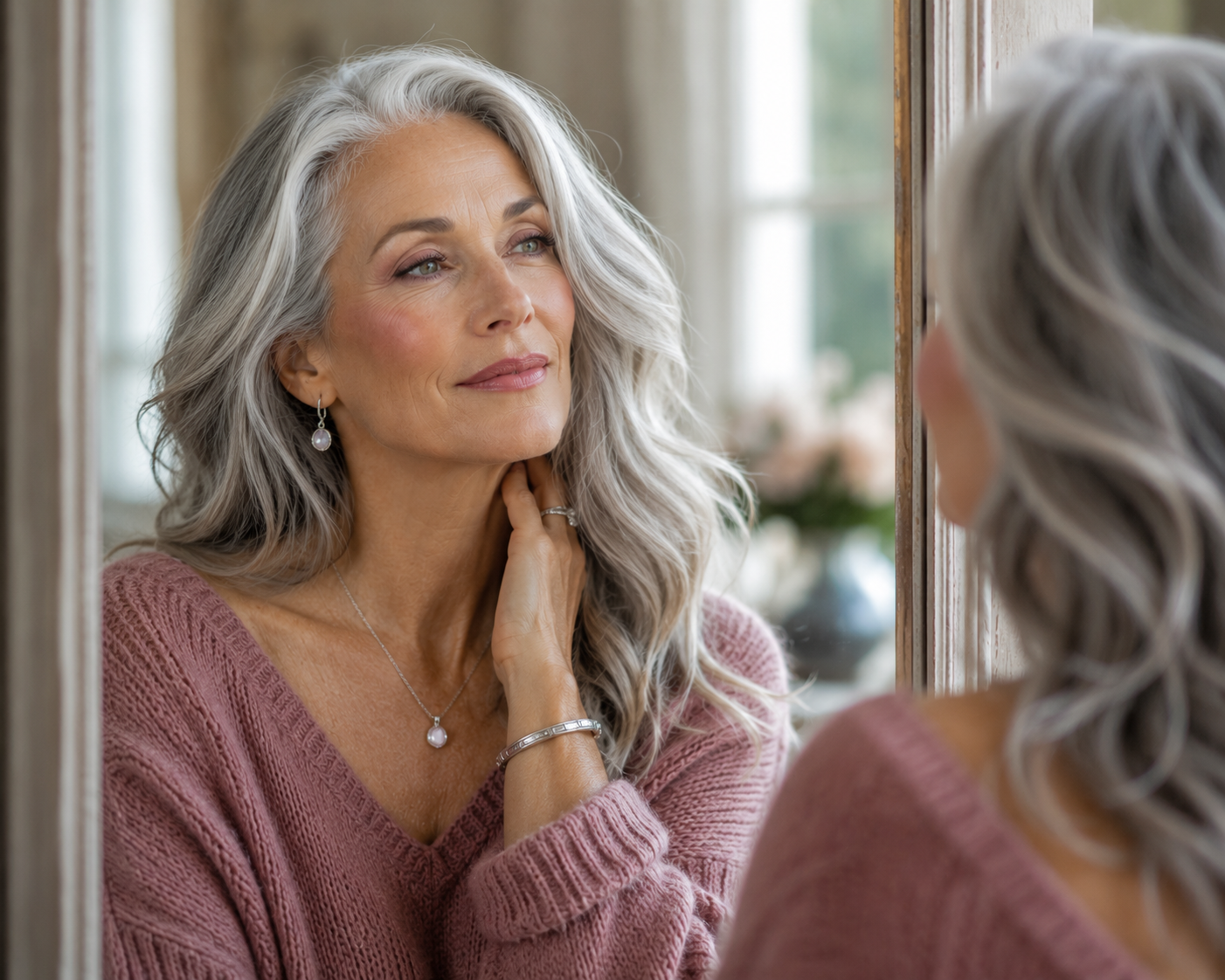 Sophisticated woman with naturally transitioning silver hair gazes into a softly lit mirror. Wearing a dusty rose sweater, silver jewelry, and subtle makeup, she appears confident, calm, and radiant.