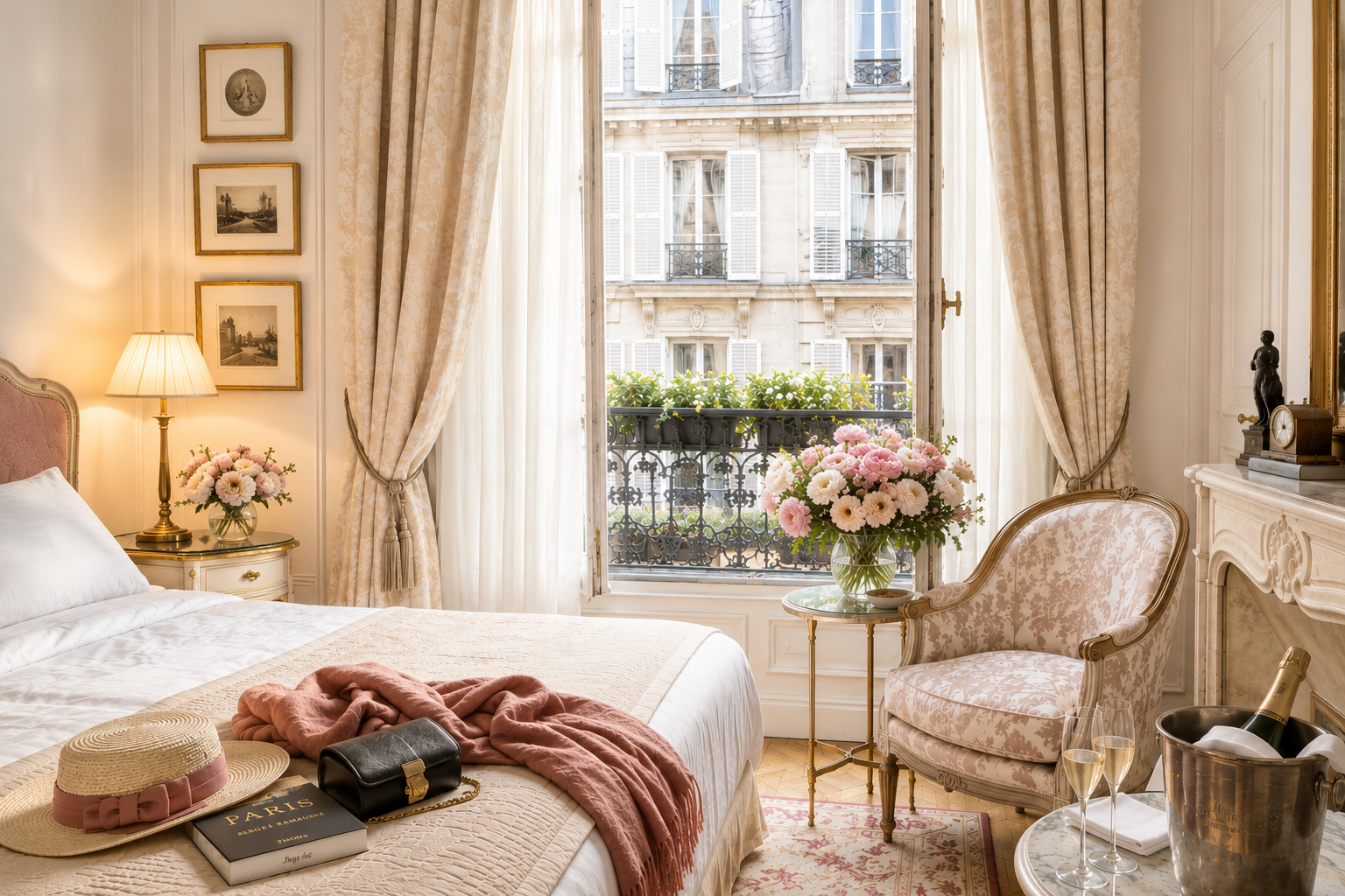 Romantic Paris boutique hotel with soft blush florals, champagne, rose clay shawl, open French windows overlooking Haussmann buildings in Saint-Germain-des-Pres.