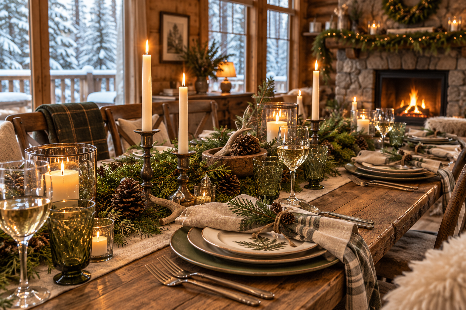 Cozy Christmas cabin dining table with woodland greenery, pinecones, sage-green plates, plaid linen napkins, vintage glassware, and glowing candles beside a stone fireplace.