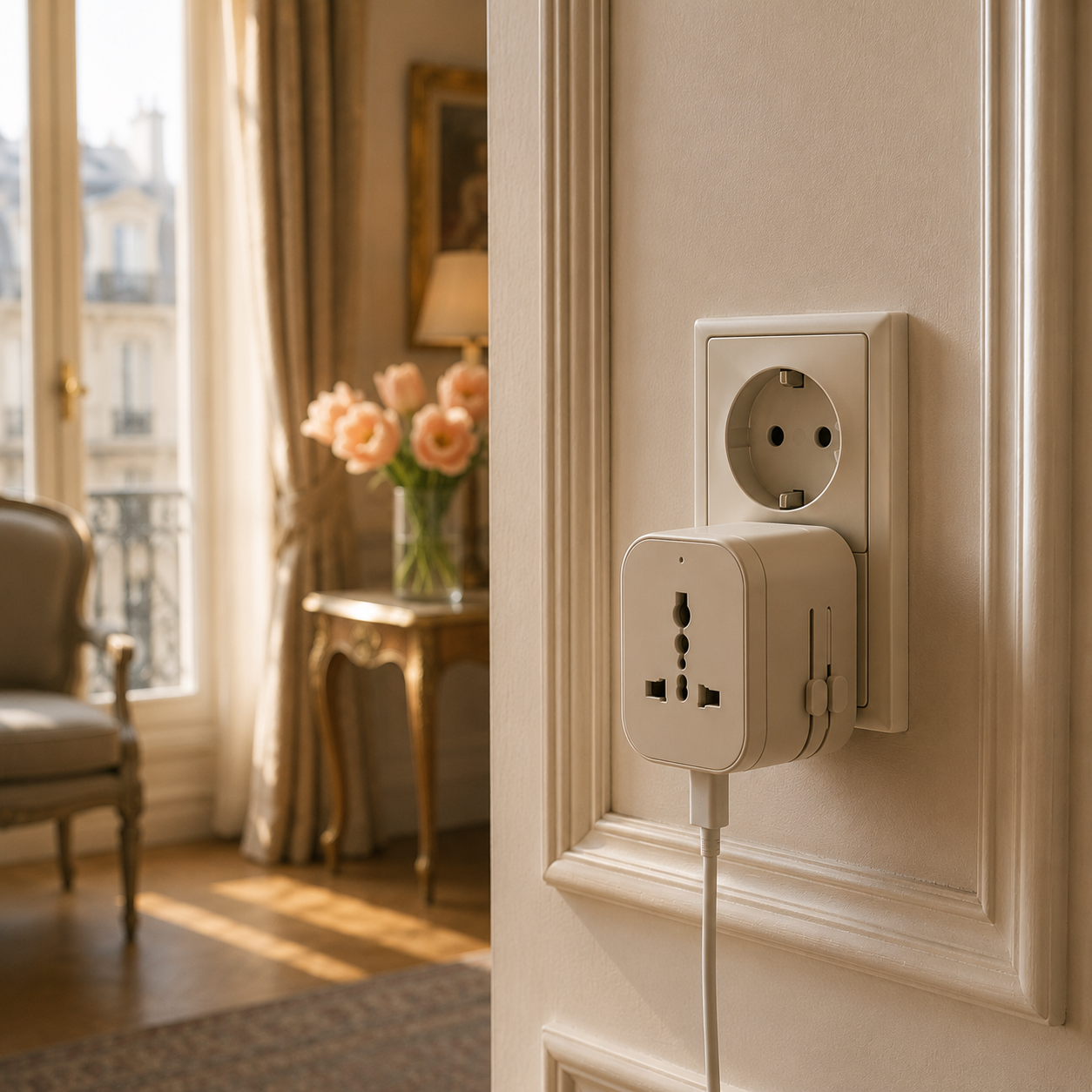Universal travel adapter plugged into a European hotel outlet, illustrating international travel preparedness, convenience, and effortless arrival in a new destination.