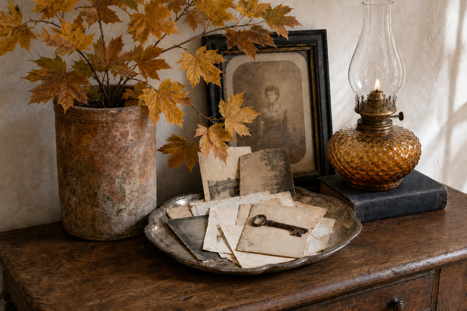 Create a layered autumn entry table with vintage letters, a skeleton key, tarnished silver, amber maple branches, an antique portrait, and an oil lamp.