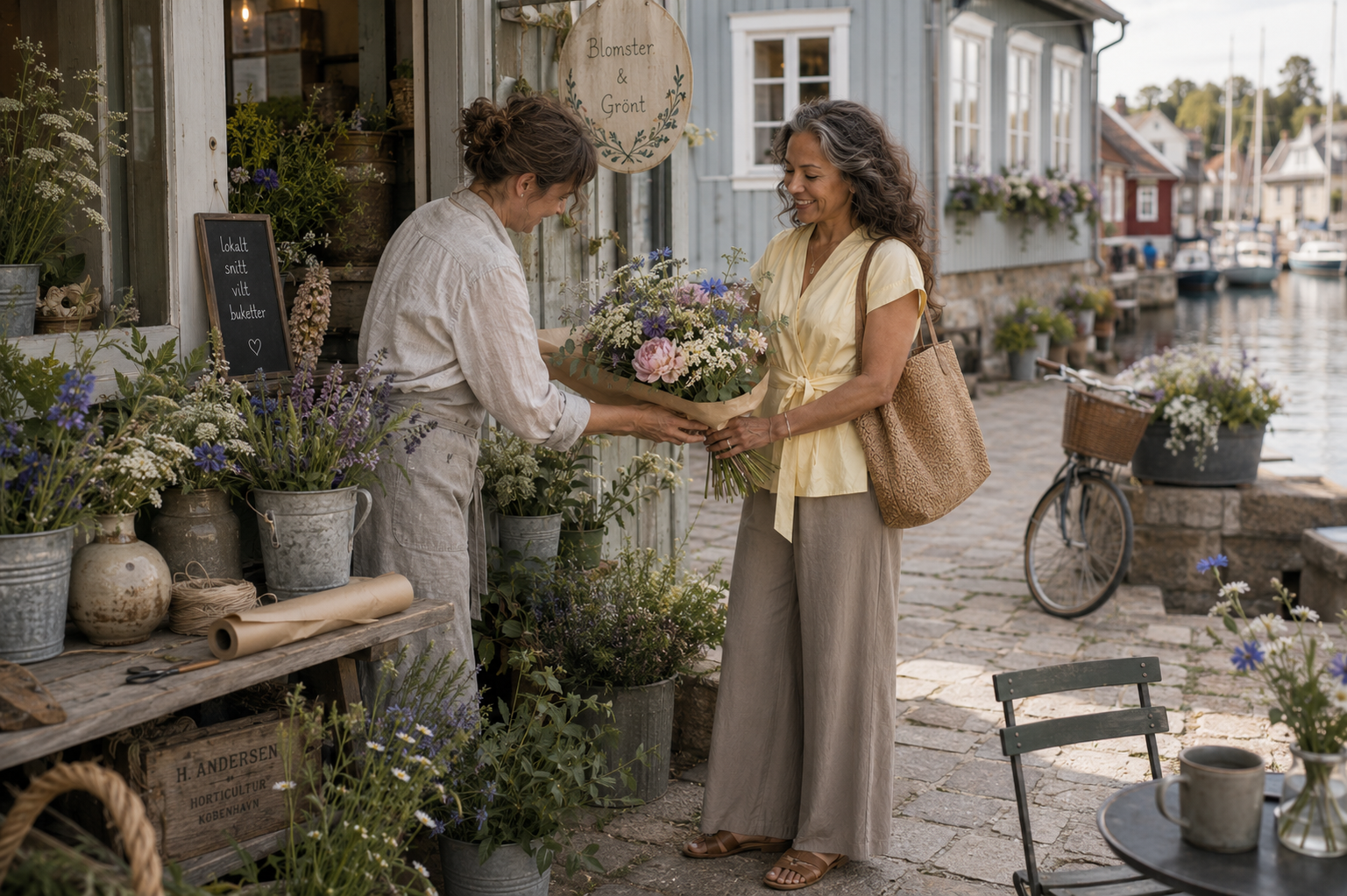 Woman wearing a Light Summer travel outfit receives a bouquet from a Scandinavian florist beside a charming harbor, surrounded by cool-toned seasonal flowers and authentic Nordic architecture.