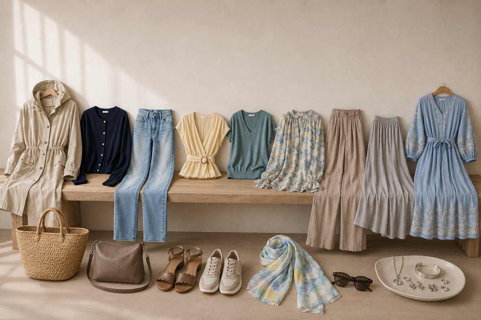 Light Summer Scandinavian Midsummer wardrobe displayed on an oak bench with curated accessories, showcasing refined travel pieces, soft textures, and timeless Scandinavian craftsmanship.