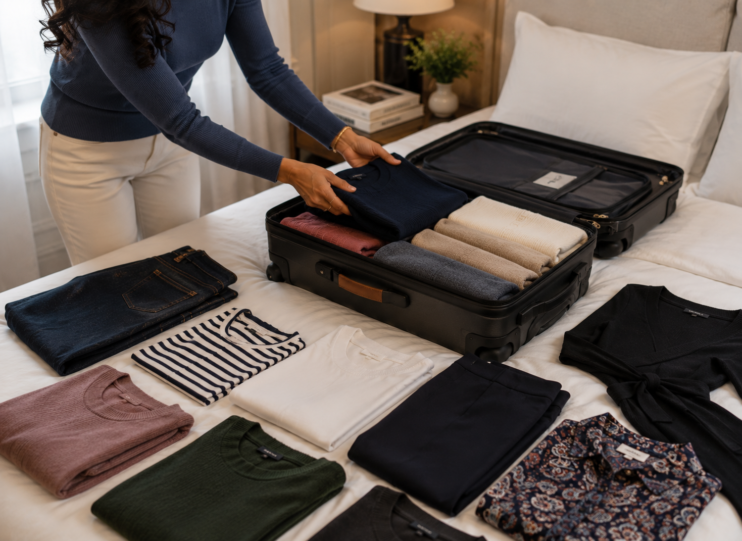 An open suitcase on crisp white hotel linens filled with elevated travel essentials including cashmere sweaters, dark indigo denim, ponte pants, knitwear, and patterned tops. Soft natural light and refined styling create an elegant capsule wardrobe