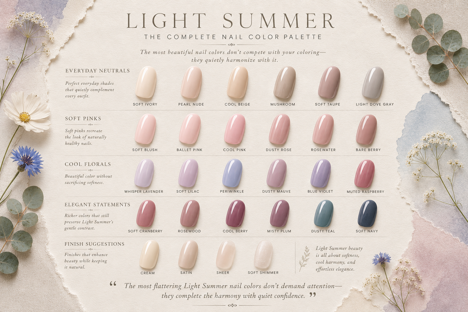 Luxury editorial guide to the best Light Summer nail colors featuring harmonious neutrals, soft pinks, cool florals, elegant statement shades, and timeless finishes for refined manicures.