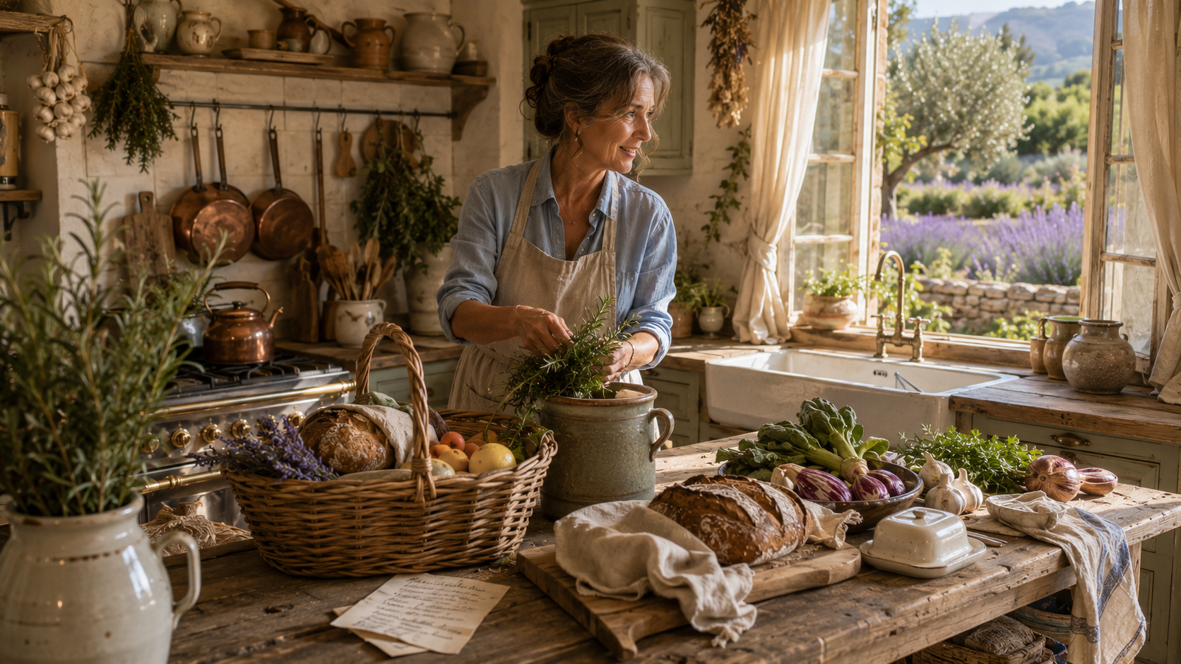 A woman unpacks fresh herbs and market finds in a Provençal farmhouse kitchen, celebrating everyday rituals, natural fragrance, and the quiet beauty of a warm, welcoming home.