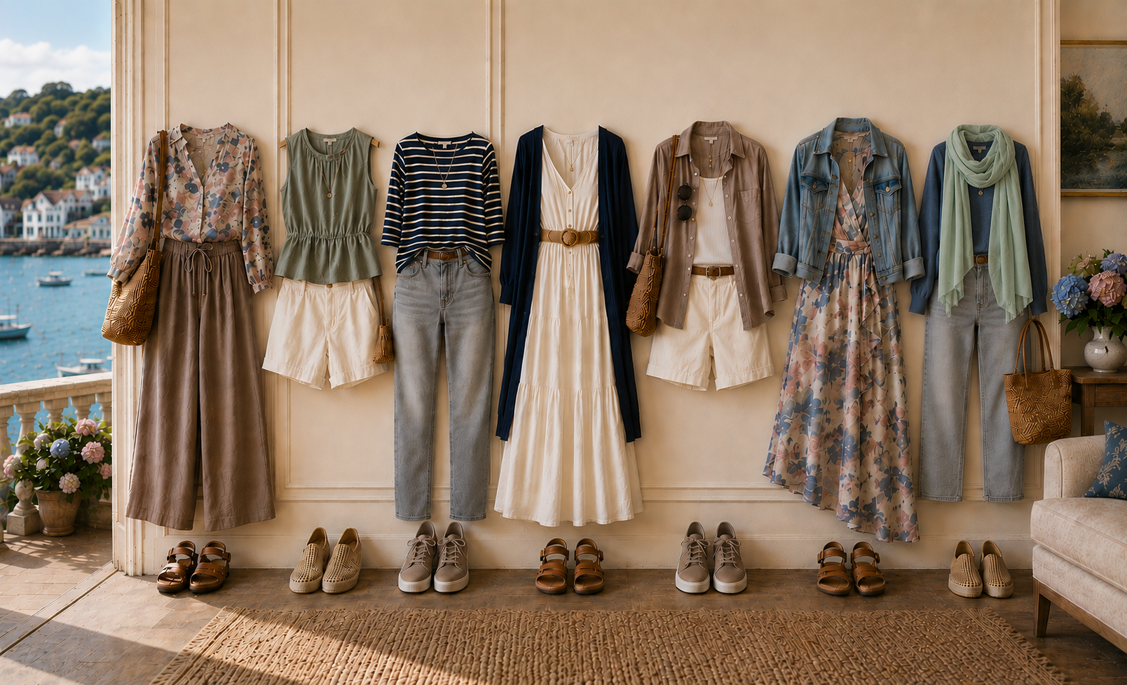 Seven Soft Summer travel outfits styled in a Cornwall hotel suite, featuring soft ivory, slate blue, sage, mushroom, and dusty rose pieces with coordinated shoes, woven accessories, and harbor views.