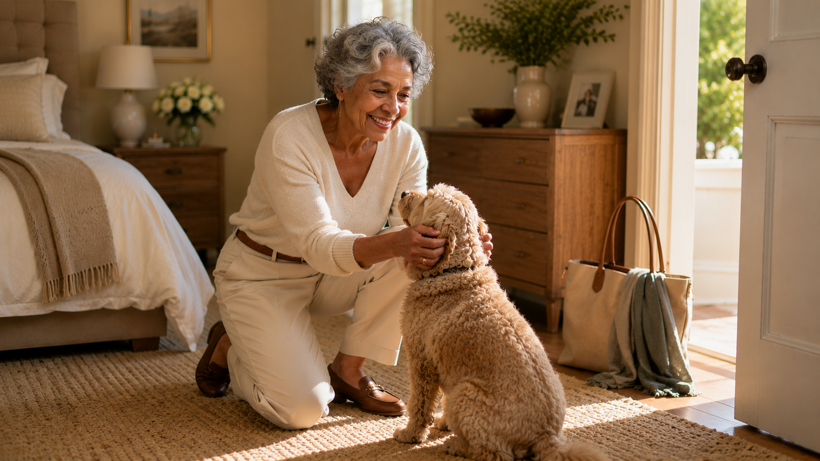 Confident mature woman kneeling to pet her dog before leaving home, celebrating healthy aging, self-care, and embracing each day with comfort, confidence, and beautifully cared-for skin.