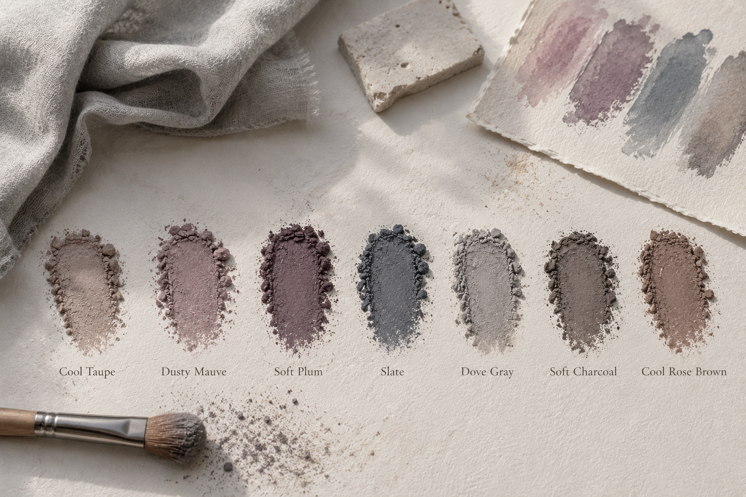 Editorial still life featuring Summer Seasonal Color Analysis eyeshadow swatches in cool taupe, dusty mauve, plum, slate, dove gray, charcoal, and cool rose brown.