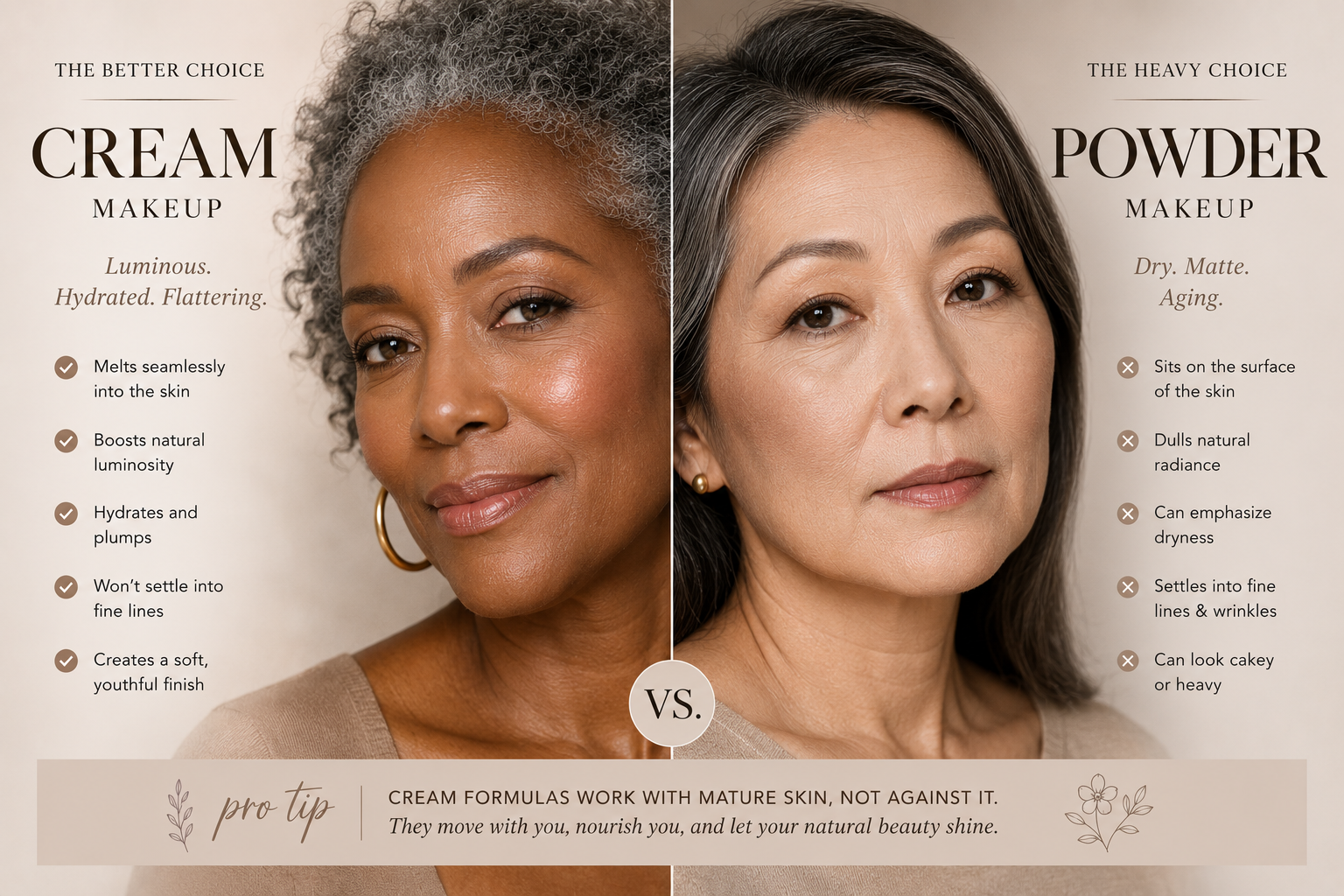 Editorial beauty comparison showing cream vs powder makeup on mature skin with diverse women, luminous hydrated finish versus matte texture, and refined luxury educational styling.