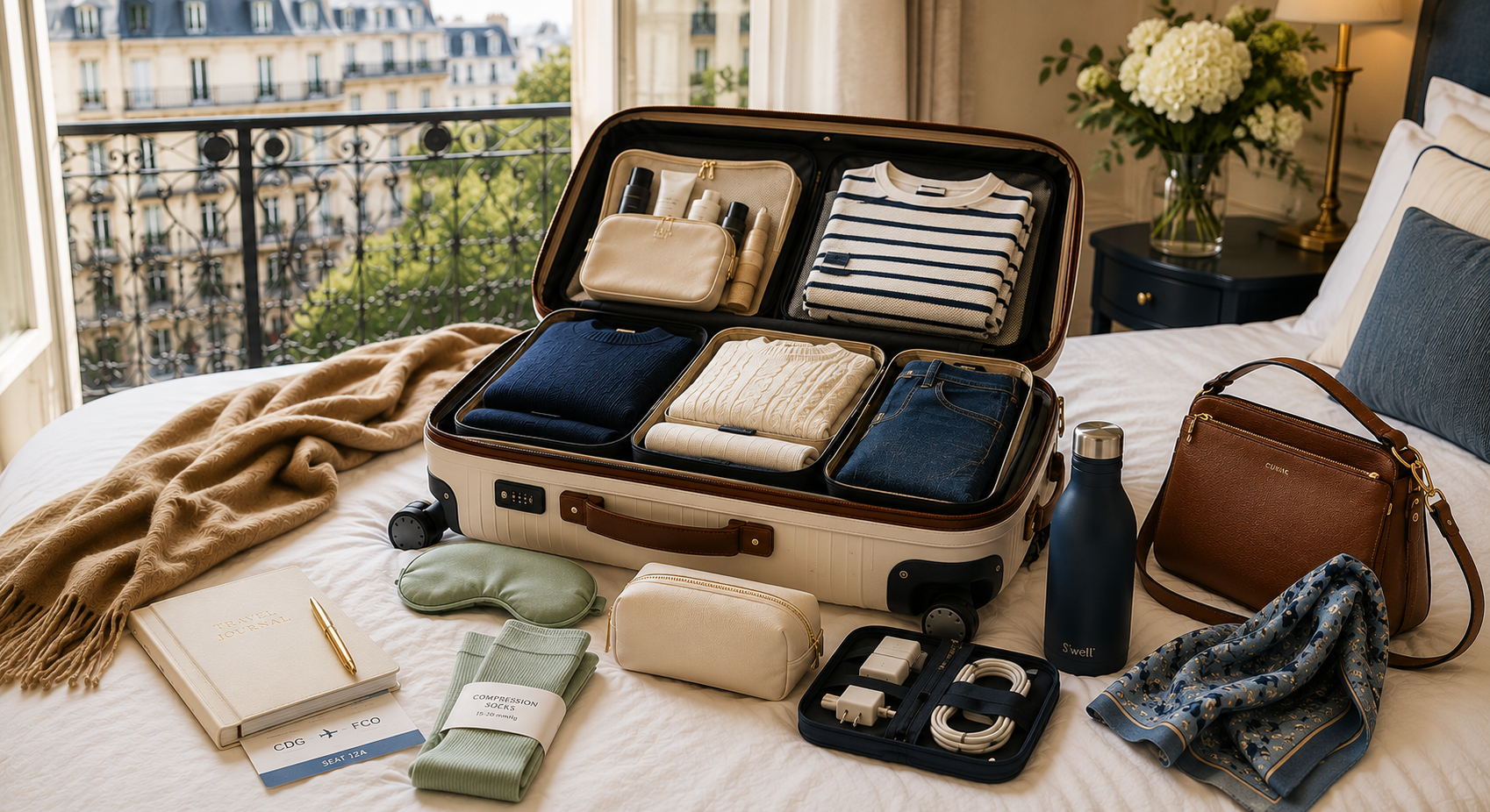 Open carry-on suitcase neatly packed on a boutique European hotel bed with packing cubes, travel essentials, compression socks, and a leather crossbody bag beside a sunlit city-view window.