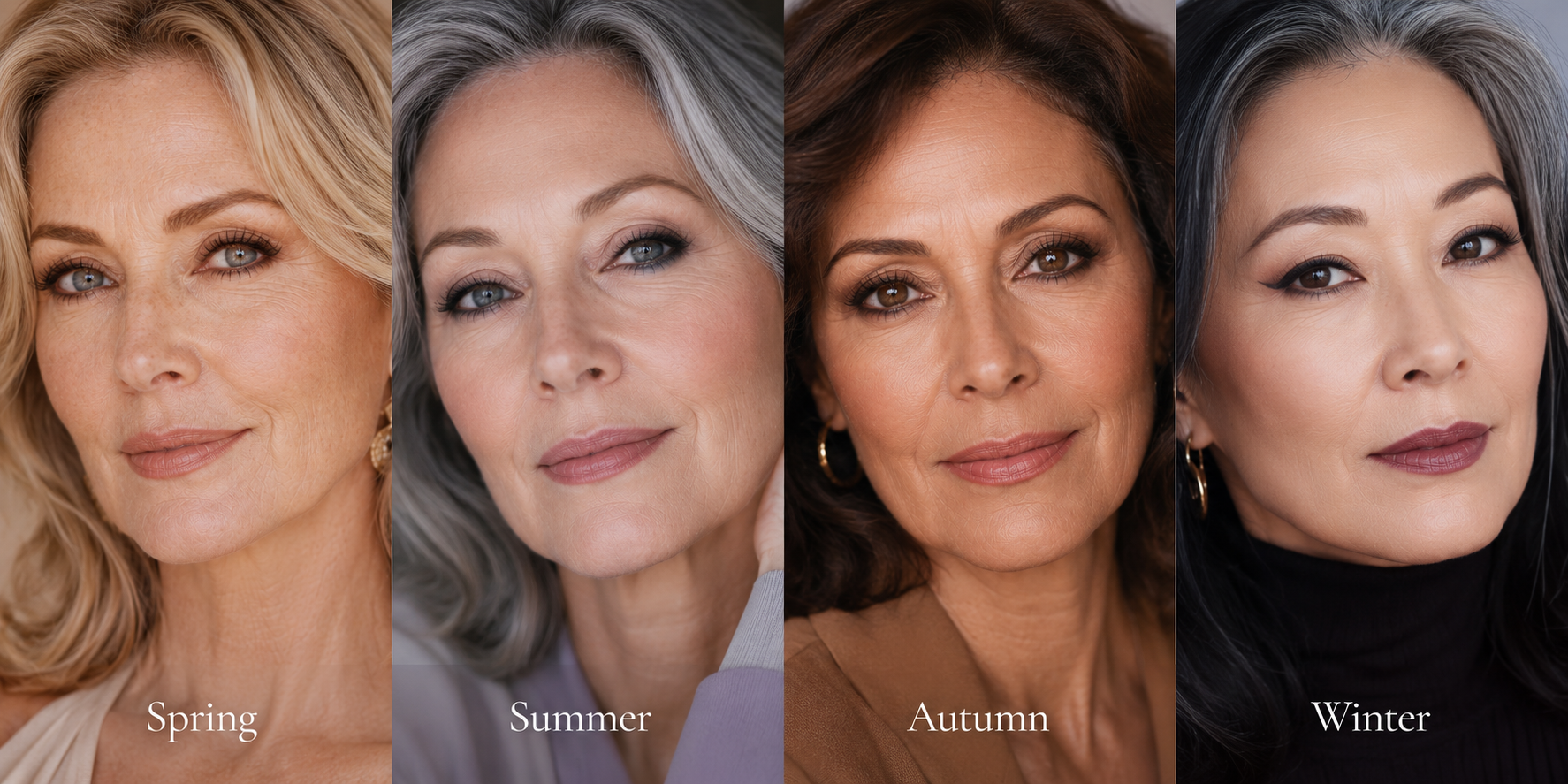 Four mature women representing Spring, Summer, Autumn, and Winter seasonal palettes, each wearing eyeliner shades chosen to complement her natural coloring in an elegant editorial beauty portrait.