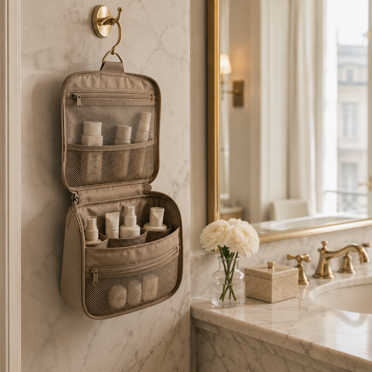 Organized hanging toiletry bag in a luxury hotel bathroom, highlighting efficient packing, travel organization, and easy access to beauty and wellness essentials.