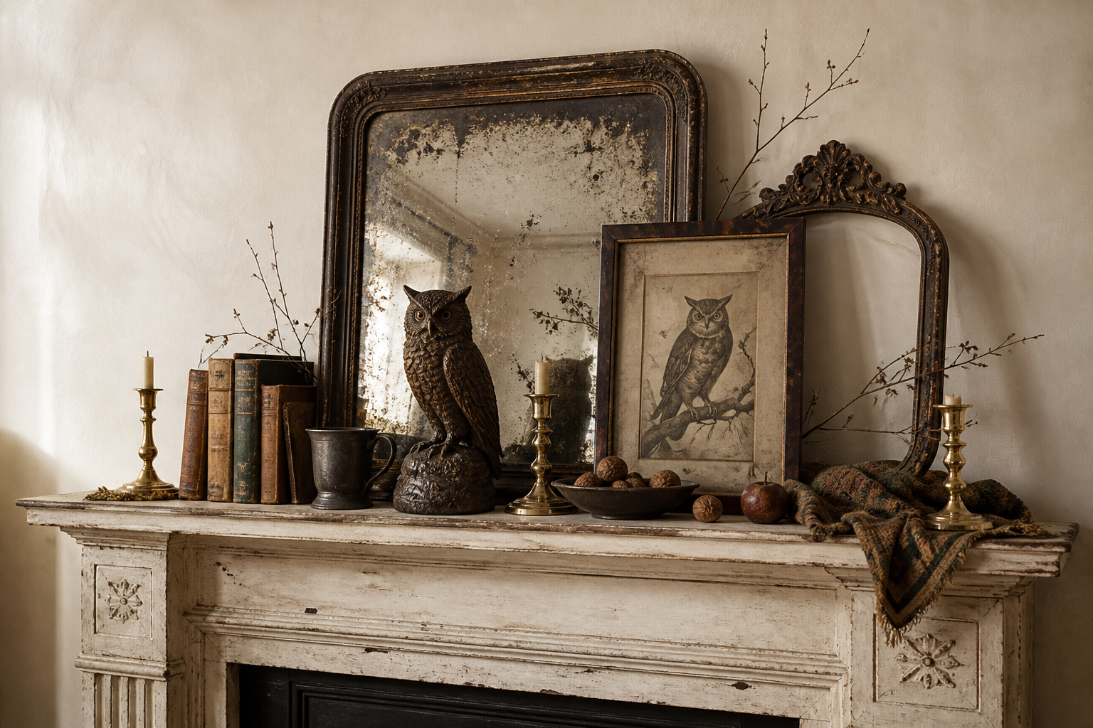 how to style a collected autumn mantel using antique mirrors, vintage artwork, brass candlesticks, worn books, and unexpected thrifted finds.