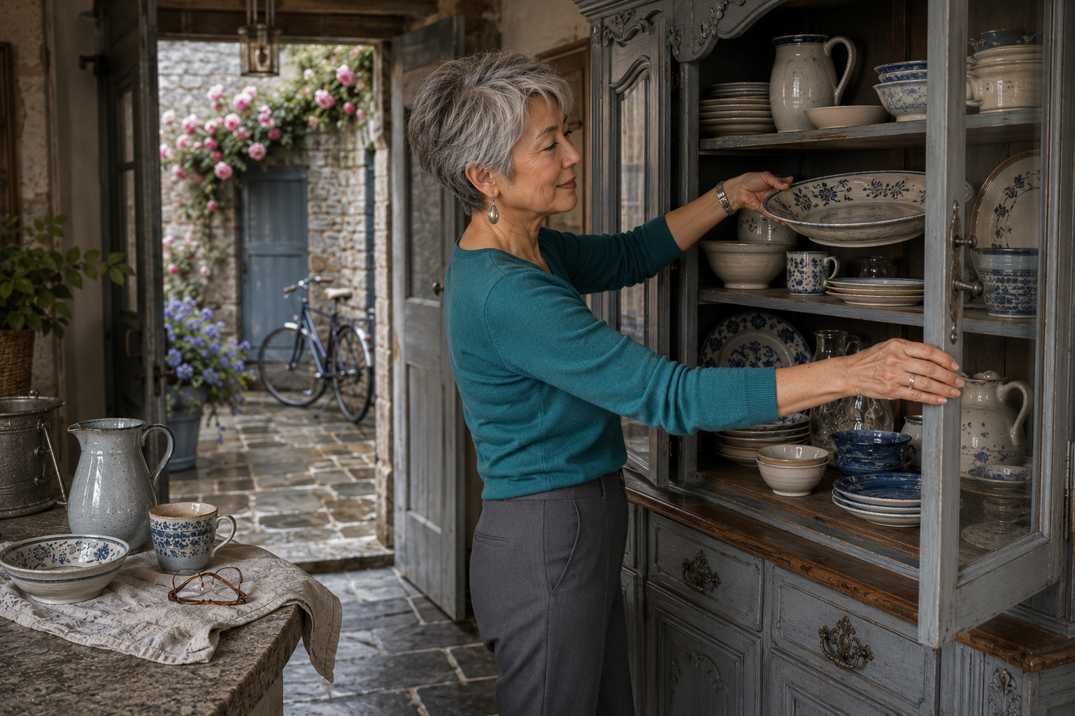 An elegant silver-haired True Summer woman in Brittany wears cool teal while arranging Breton ceramics, showing how cool, balanced color remains flattering with age.