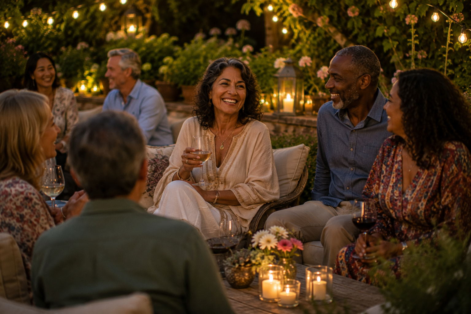 An olive-skinned woman laughs with friends in a candlelit garden gathering, holding a drink and relaxing among guests as conversation flows beneath lanterns and evening lights.