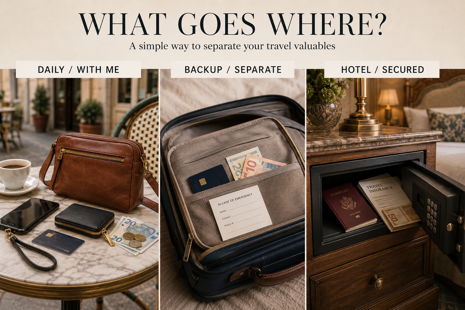 Learn where to keep travel valuables in Europe: carry daily essentials with you, store backup cards and cash separately, and secure passports and important documents at the hotel.