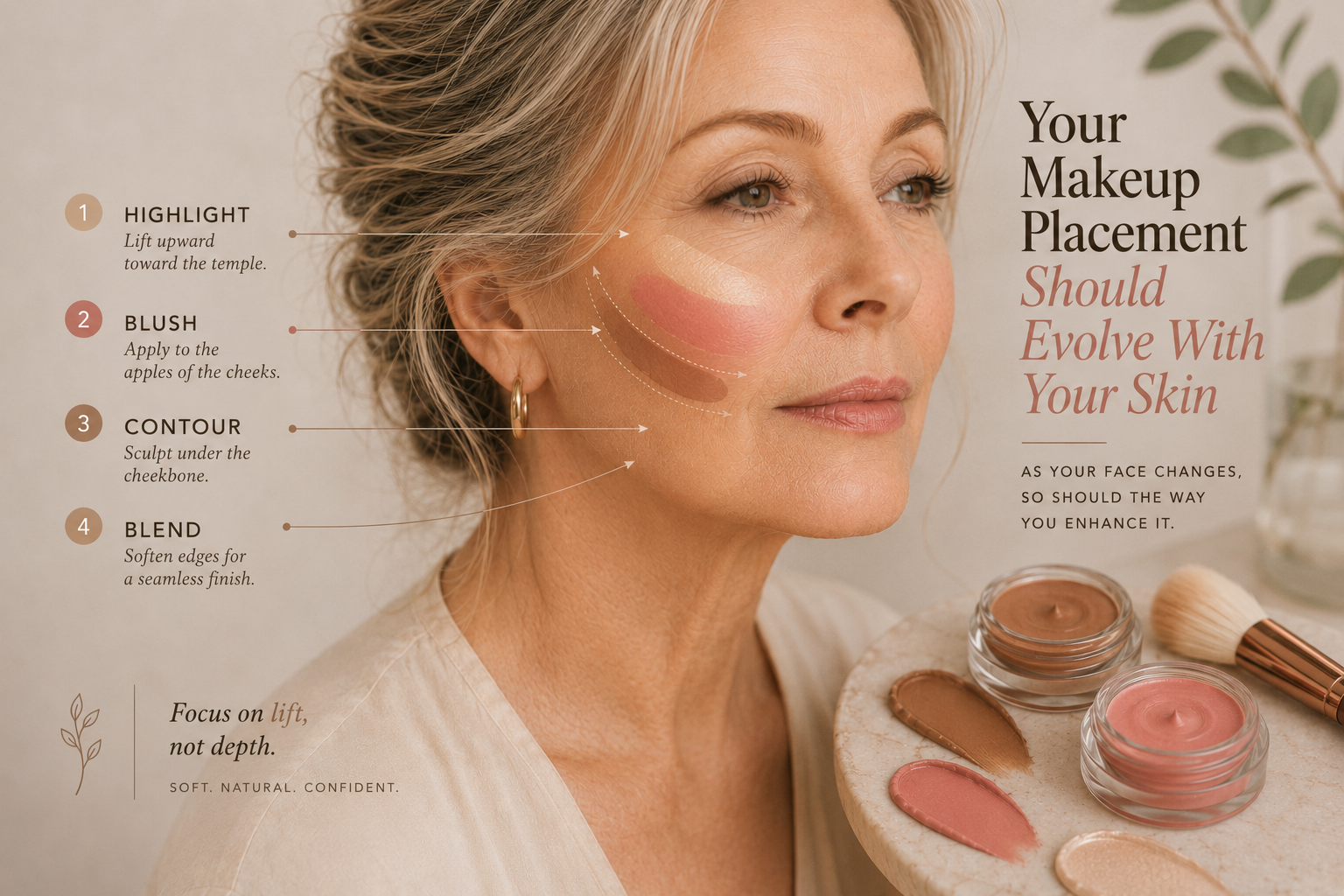 Luxury editorial beauty infographic showing soft cream highlighter, blush, contour, and blending placement for mature skin with lifted application technique, realistic skin texture, and airy neutral styling.