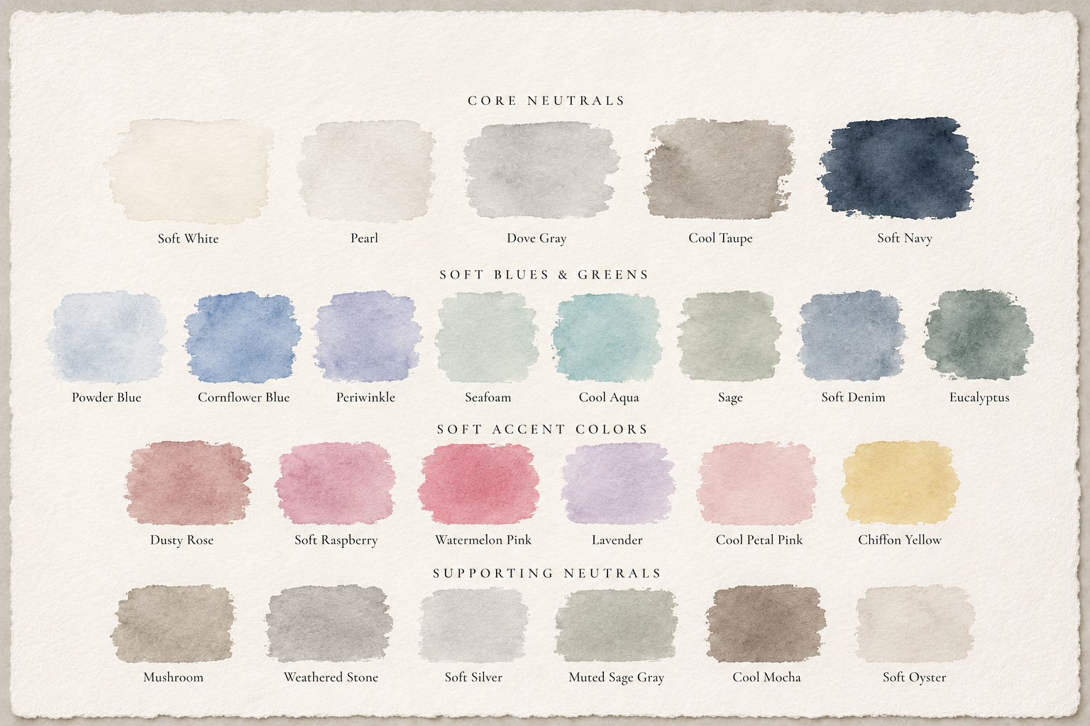 Hand-painted watercolor swatches showcase the complete Light Summer color palette, including cool neutrals, soft blues, greens, pinks, lavender, and chiffon yellow on textured ivory paper.