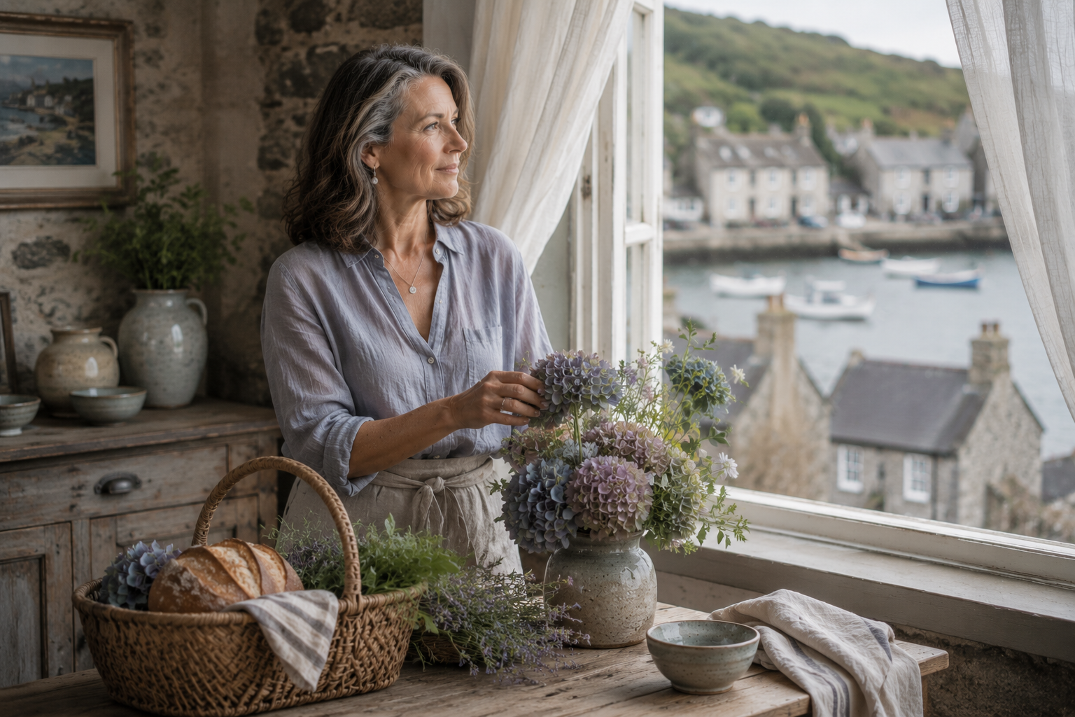 Mature woman with softly blended brunette and silver hair arranging flowers in a Cornish cottage, illustrating the gentle harmony, muted coloring, and quiet elegance of the Soft Summer seasonal palette.