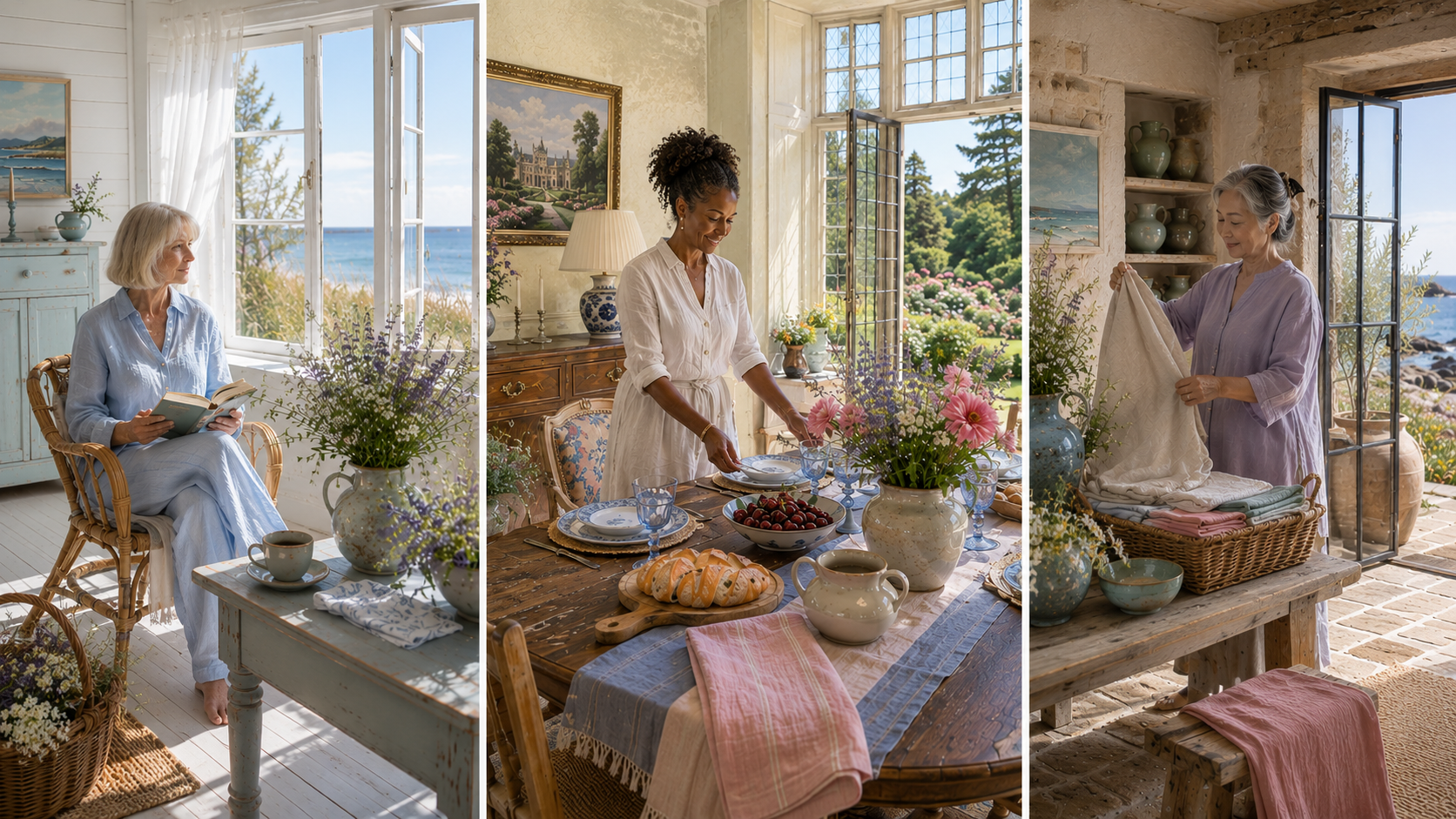 Three editorial Summer home interiors show Light, True, and Soft Summer lifestyles through distinct architecture, color palettes, and daily rituals with mature women in serene coastal and countryside homes.