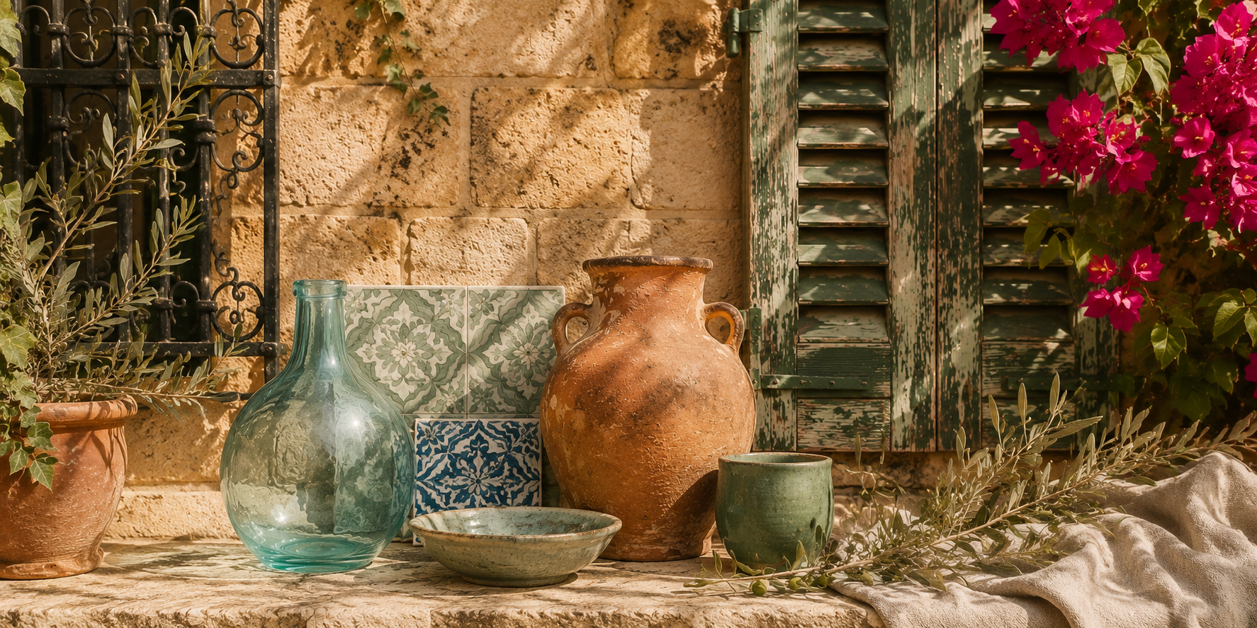 Barcelona-inspired color study featuring limestone walls, terracotta pottery, oxidized green shutters, sea-glass ceramics, olive branches, wrought iron details, and vibrant bougainvillea in warm Mediterranean sunlight.