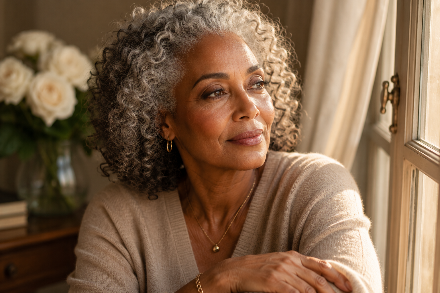 Elegant editorial portrait of a mature Black woman with soft satin eye makeup, luminous skin, silver curls, and timeless beauty in warm window light, showcasing refined makeup for women over 50.