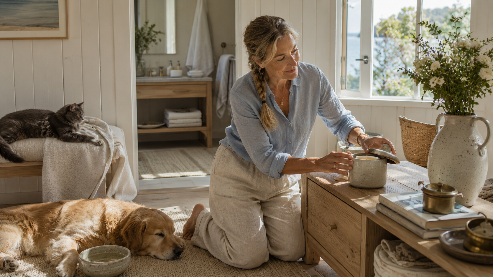 Luxury editorial scene of a thoughtfully cared-for home with a woman extinguishing a candle, relaxed pets, natural light, handcrafted details, and safe home fragrance habits.
