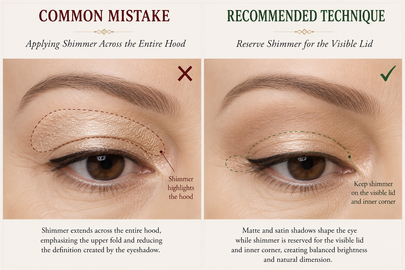 Learn where to apply shimmer on hooded eyes. Compare shimmer across the entire hood with shimmer placed only on the visible lid and inner corner for brighter, more defined eye makeup.