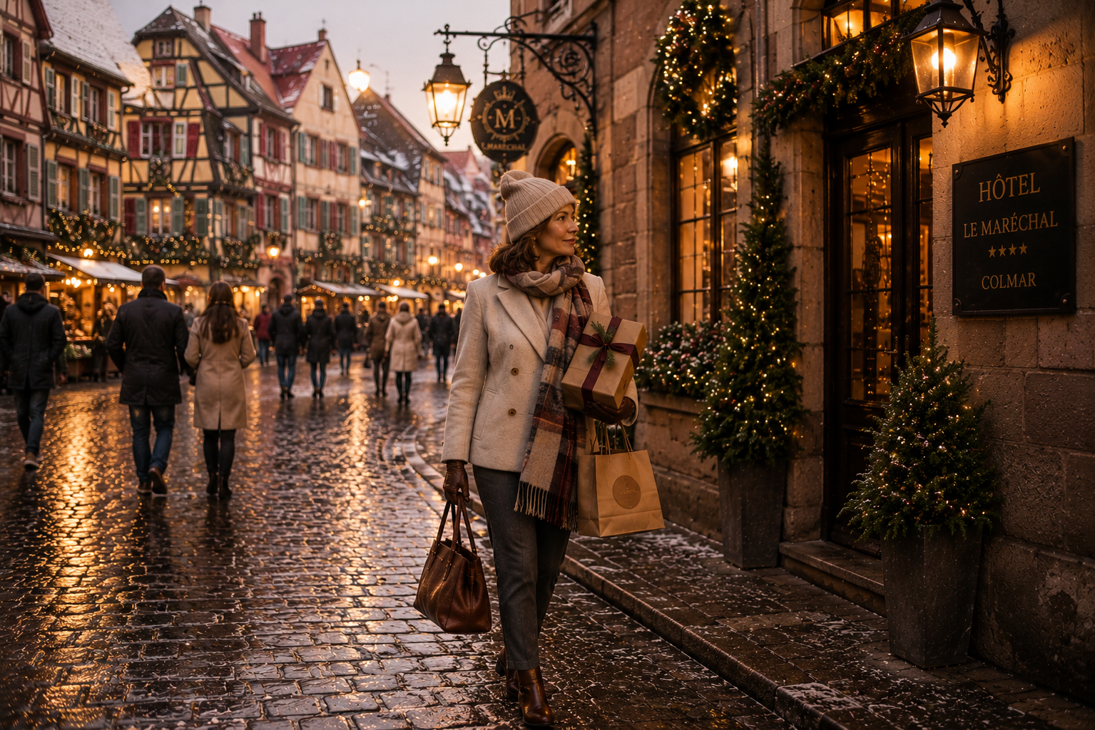ELegant woman in a chashmere beanie and plaid scarf walking through a softly glowing Colmar Christmas market street with festive lights, cobblestones, and warm hotel ambiance.