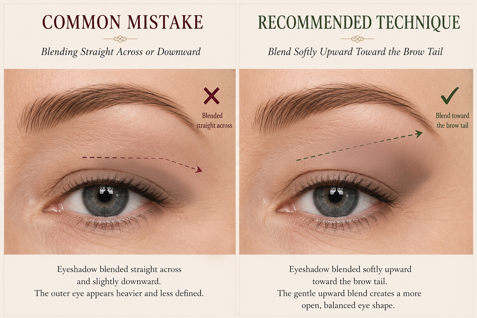 Learn how blending direction changes hooded eyes. Compare blending straight across with blending upward toward the brow tail to create a softer, more lifted, balanced eye shape.