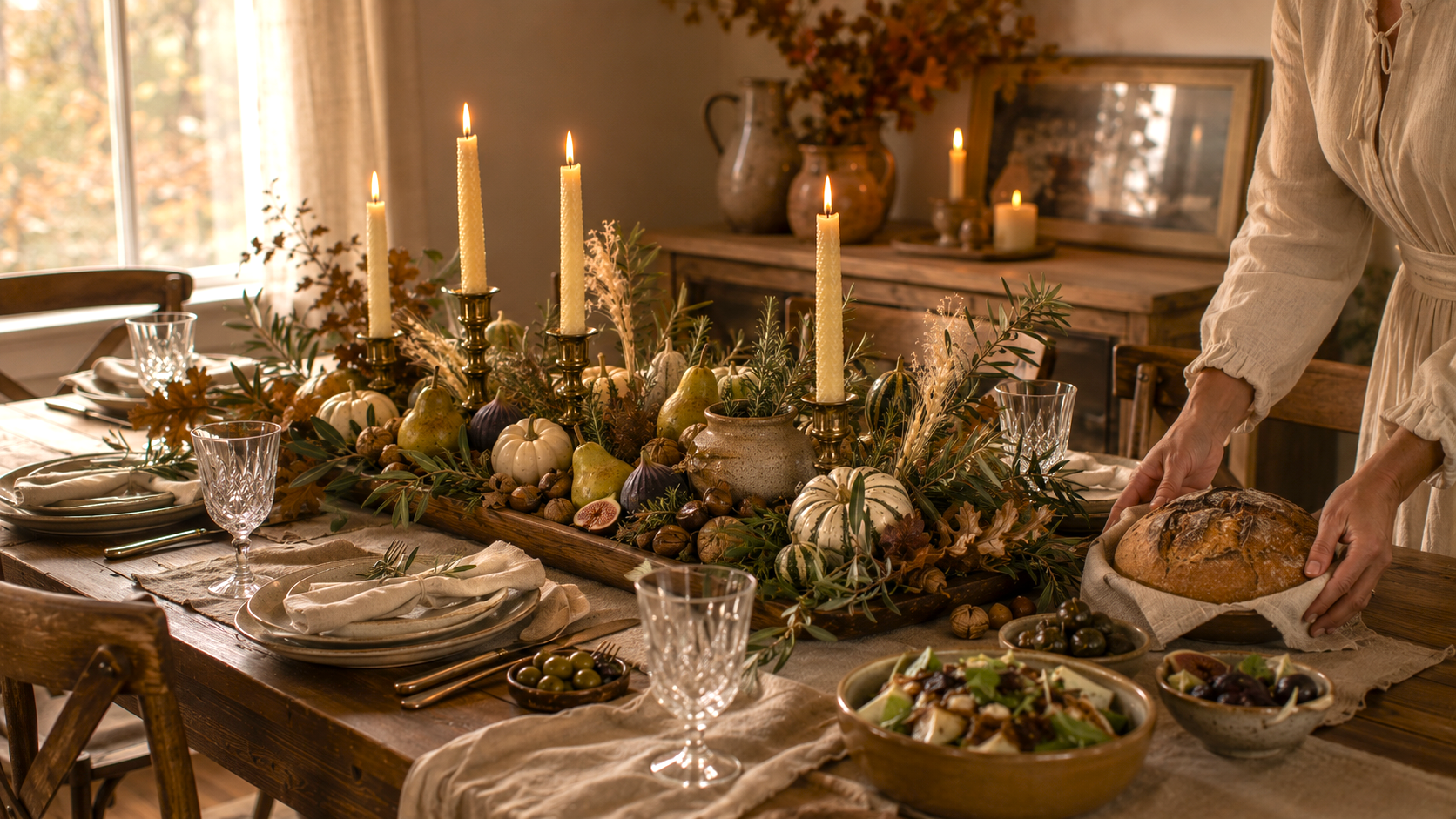 A finished harvest centerpiece with candles, artisan bread, handmade stoneware, and seasonal botanicals creates a warm, welcoming autumn table ready to gather family and friends.