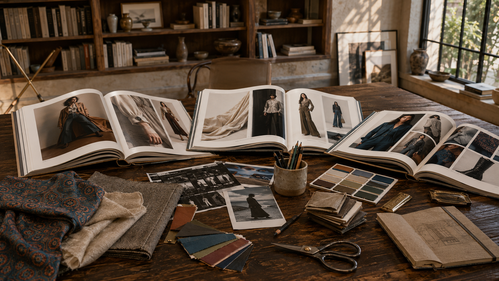 Luxury fashion editor's creative studio with open editorial style books, fabric swatches, color palettes, and design tools exploring proportion, texture, color harmony, and timeless personal style.