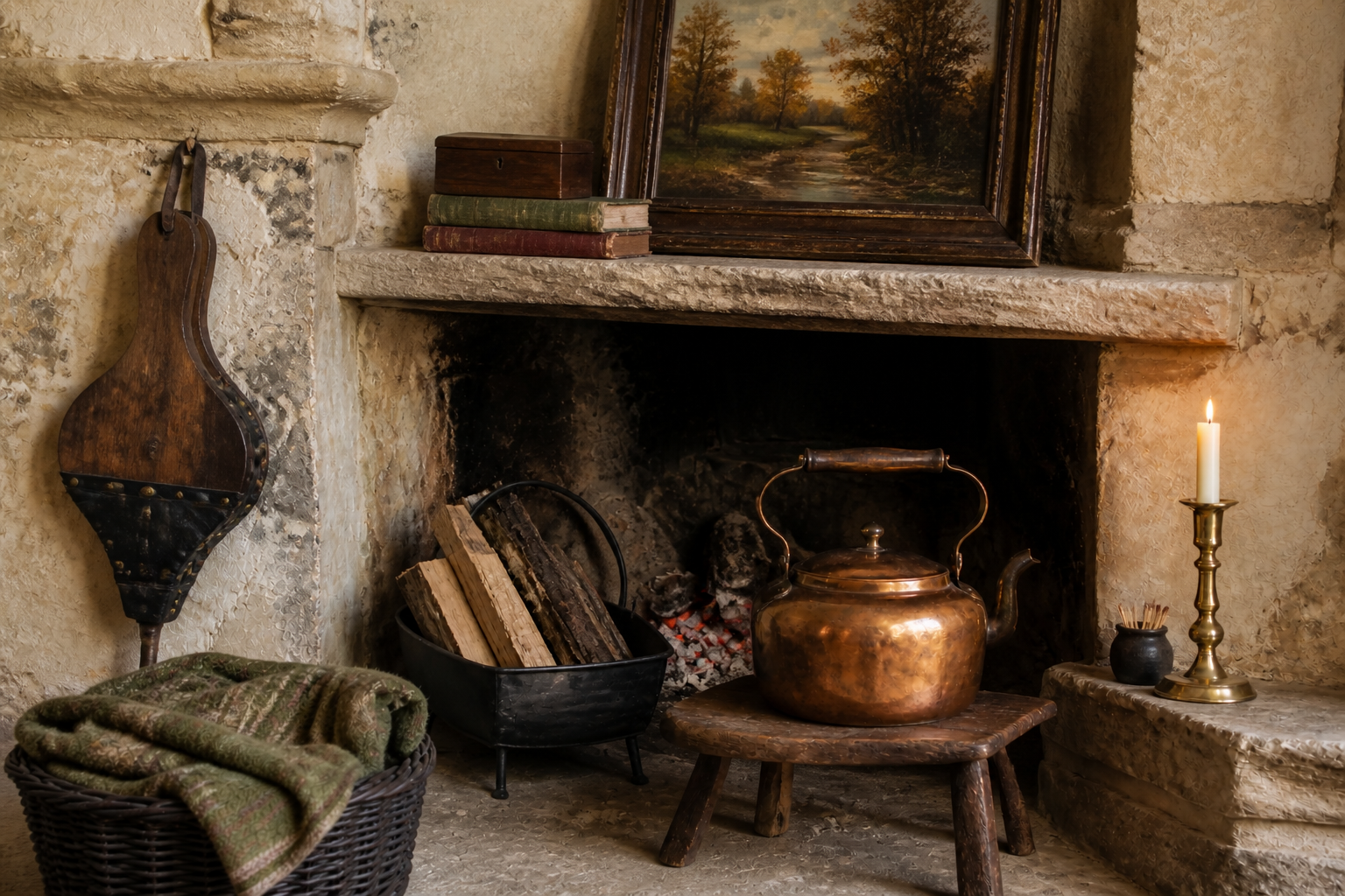 Create a layered autumn hearth with a vintage copper kettle, wool blanket, antique landscape, worn books, wooden bellows, and practical firewood storage.