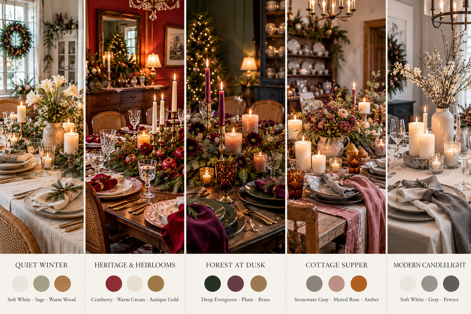 Five elegant Christmas tablescapes featuring Quiet Winter, Heritage & Heirlooms, Forest at Dusk, Cottage Supper, and Modern Candlelight, each with a distinct holiday color palette.
