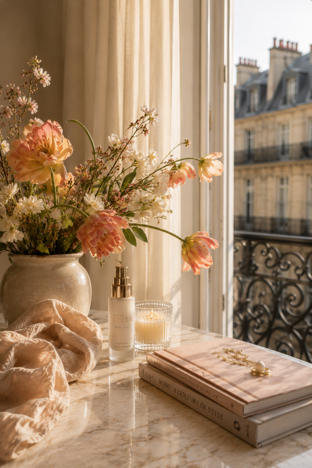Sunlit Parisian-inspired beauty vignette with sculptural blush and apricot flowers, skincare serum, candle, and elegant books on a marble table beside an open window overlooking classic European rooftops.