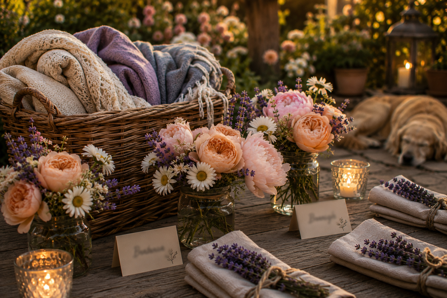 A basket of blankets, lavender-tied napkins, apricot roses, blush peonies, white daisies, and glowing candles create thoughtful garden party details while a golden retriever rests nearby.
