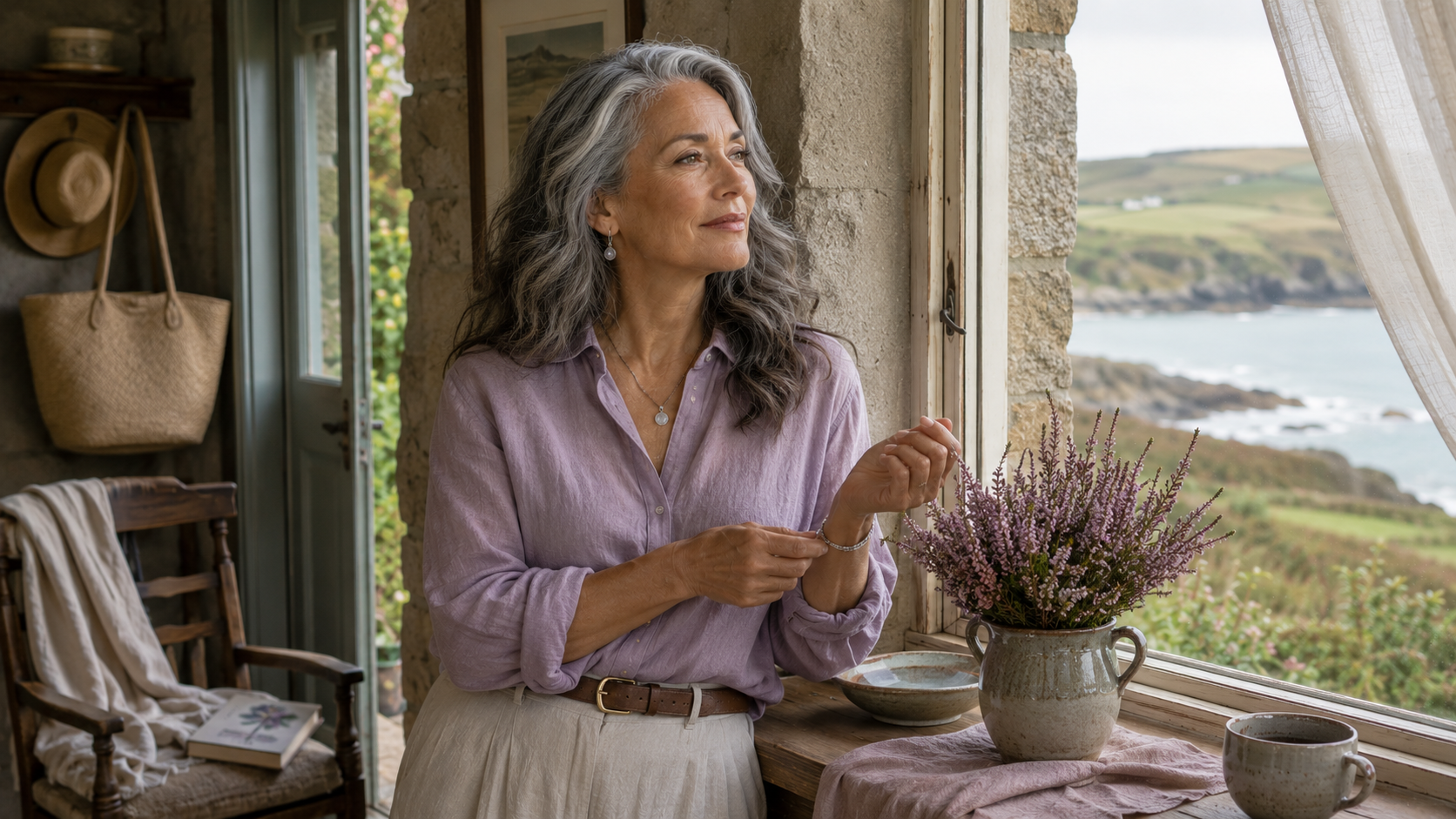 A graceful Soft Summer woman with naturally silver-blended hair begins a quiet morning in her Cornish cottage, illustrating how harmonious coloring evolves beautifully with age and timeless personal style.