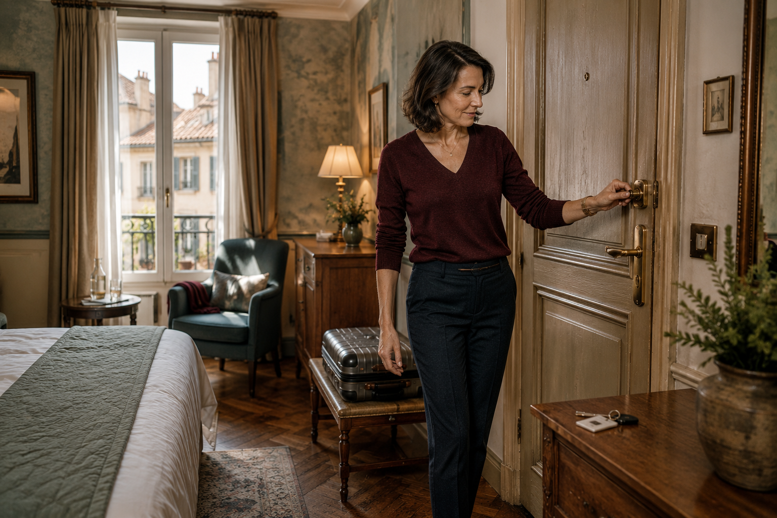 A stylish woman settles into a European hotel room, checking the door lock after arrival as part of a simple travel safety routine for a more comfortable trip.