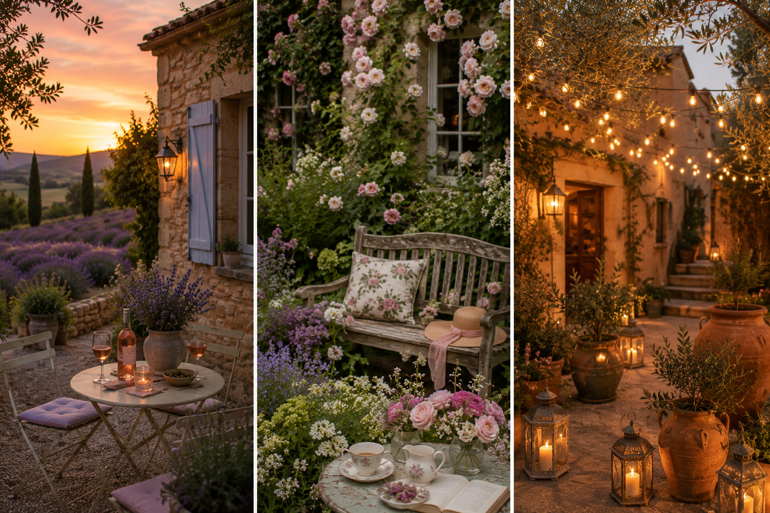 Three garden-inspired entertaining scenes feature a Provençal lavender terrace, an English rose garden retreat, and a Mediterranean courtyard with lanterns, olive trees, and café lights.