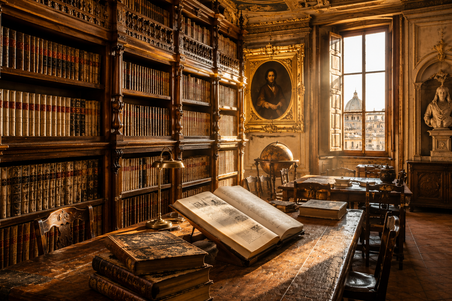 Historic Florentine library with walnut bookshelves, antique books, gilded frames, and warm golden sunlight streaming through tall windows, creating an atmosphere of scholarship and craftsmanship.