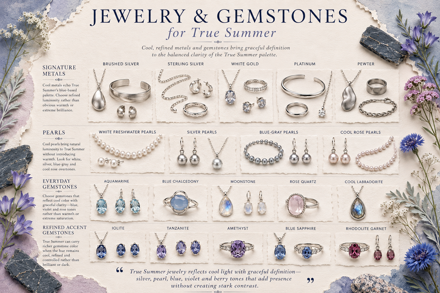 True Summer jewelry guide featuring silver, platinum, cool pearls, aquamarine, sapphire, amethyst and berry gemstones chosen to harmonize with a cool, refined palette.