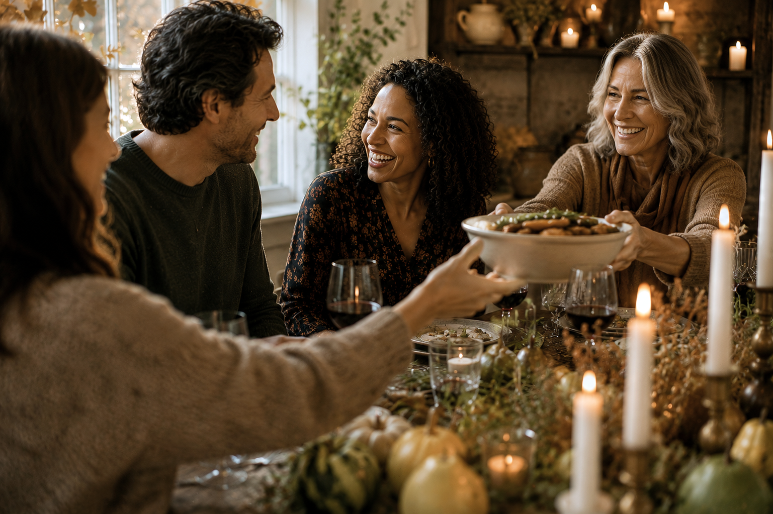 Guests share conversation and pass a family-style meal around a candlelit harvest table, celebrating genuine hospitality, autumn traditions, meaningful connection, and the simple joy of gathering together.