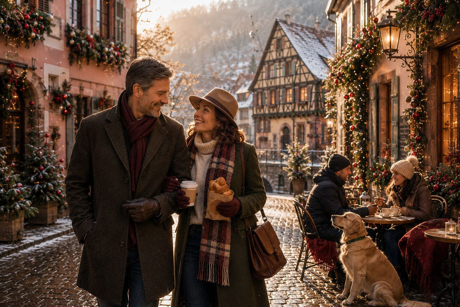 Older couple walking through festive Kaysersberg at winter sinrise with glowing garlands, cafe setting, cobblestone streets, and a golden retriever beside a cozy outdoor table.