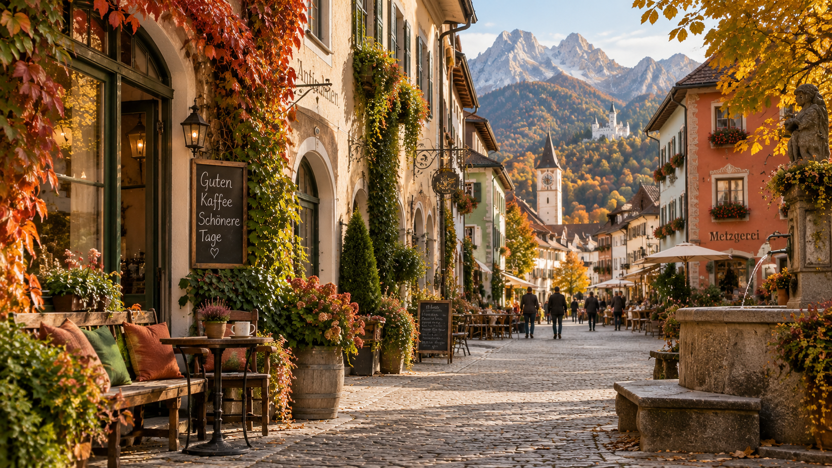 A Bavarian old-town street in rich autumn color, capturing the warm golds, rusts, greens, terracotta and earthy depth of the True Autumn color palette.