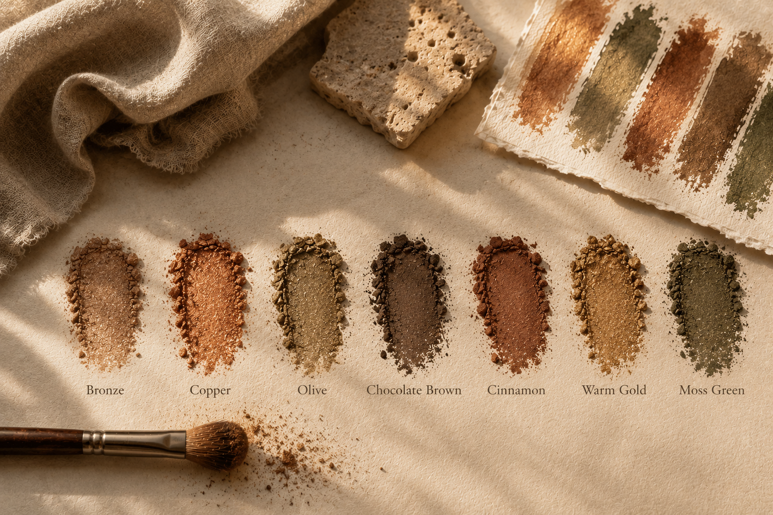 Editorial still life featuring Autumn Seasonal Color Analysis eyeshadow swatches in bronze, copper, olive, chocolate brown, cinnamon, warm gold, and moss green for rich, harmonious makeup.