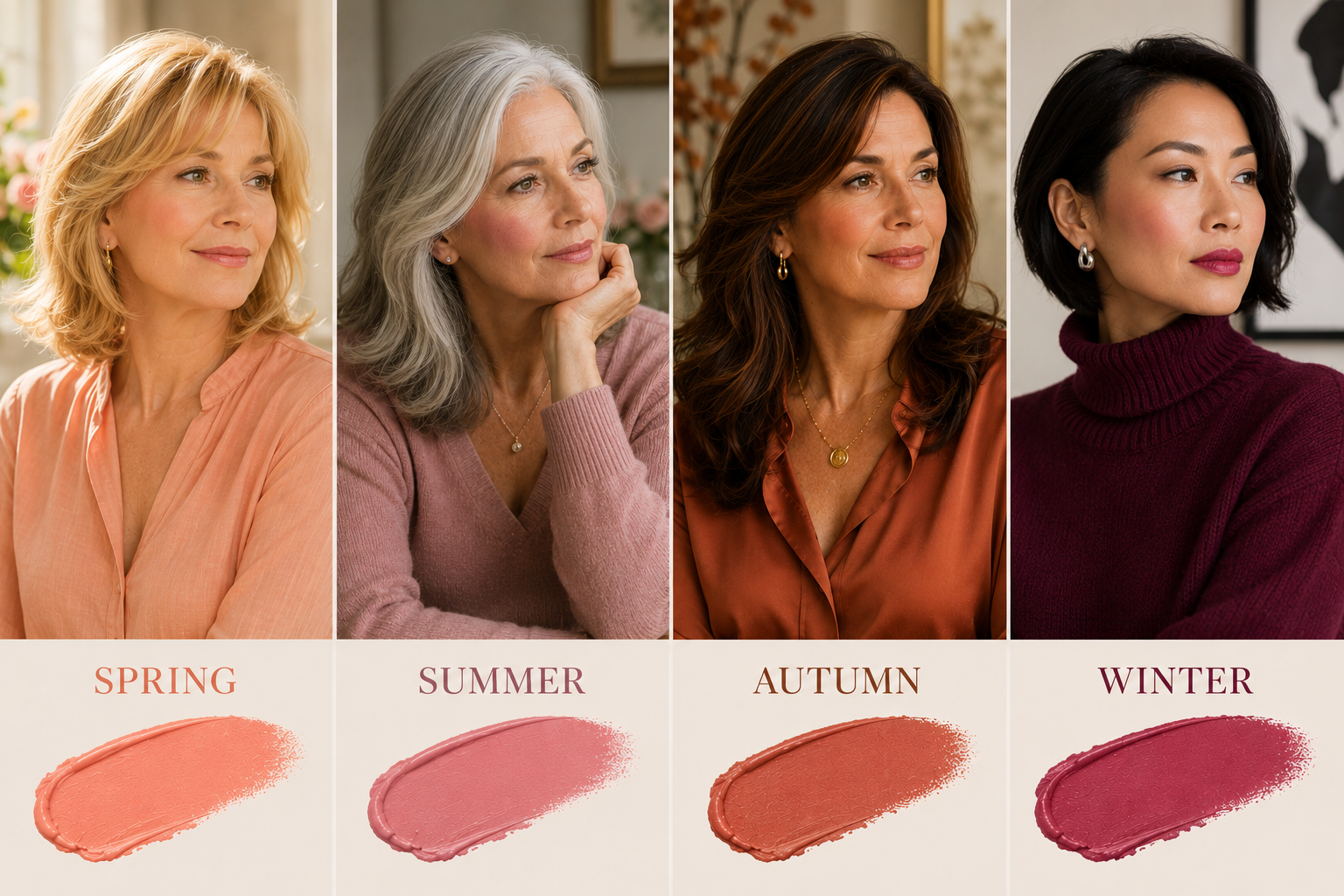 Seasonal blush color guide featuring four women representing Spring, Summer, Autumn, and Winter color palettes with coordinated makeup, wardrobe colors, and blush shade swatches.